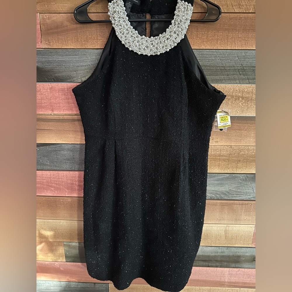 Inc Royal Gardens Dress Black Wool Blend Boucle Faux Pearl Collar Halter Dress - Picture 3 of 9